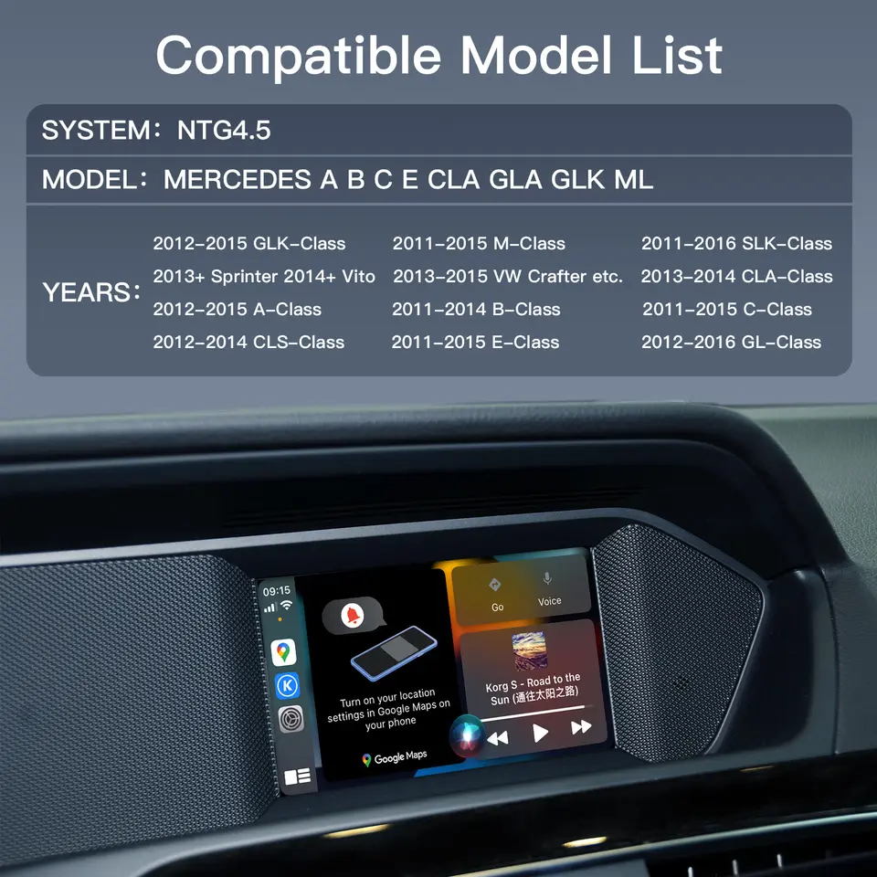 Car infotainment system with compatibility list for Mercedes models on a screen