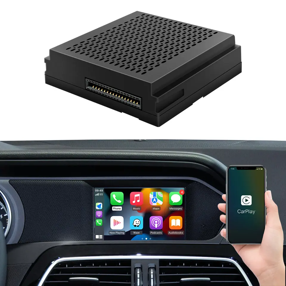 Car stereo system with smartphone displaying CarPlay on a car dashboard.