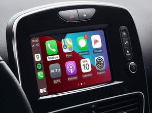 Renault vehicle showcasing Apple CarPlay integration, displaying navigation, communication features, and media apps on its touchscreen interface.