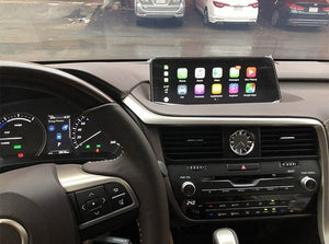 Apple CarPlay module integrated into a Lexus vehicle, displaying navigation, communication, and media apps on the touchscreen interface.