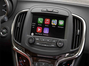 Apple CarPlay interface displayed on the touchscreen of a GM Buick vehicle, showing icons for navigation, phone calls, and music apps.